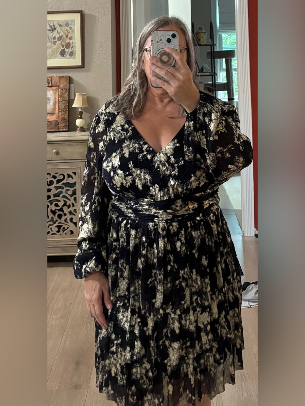Taylor Black Dress with Gold Abstract Print